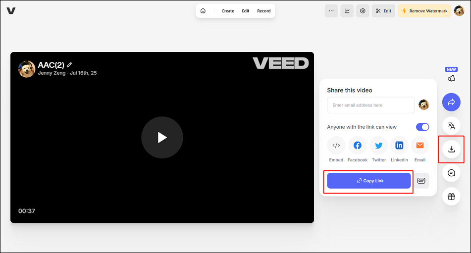 Click the Download icon to save the file or click Copy Link in VEED.IO to share the file with others