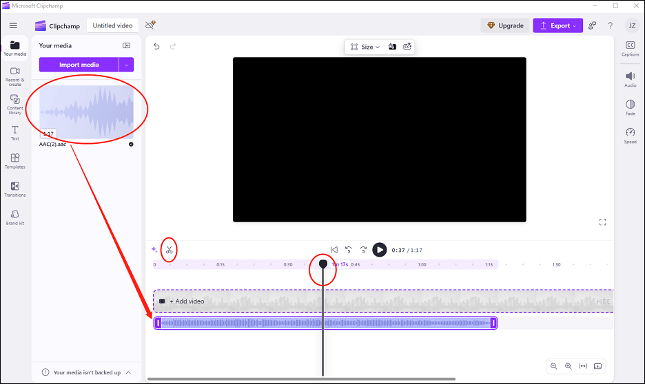 Drag the AAC file to the timeline, drag and move the playhead to where you want to split, and click the Scissors icon to split AAC in Clipchamp