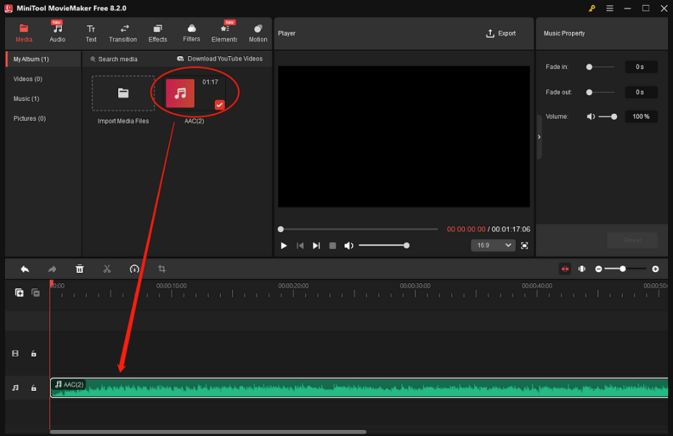 Drag the audio to MiniTool MovieMaker’s timeline for splitting