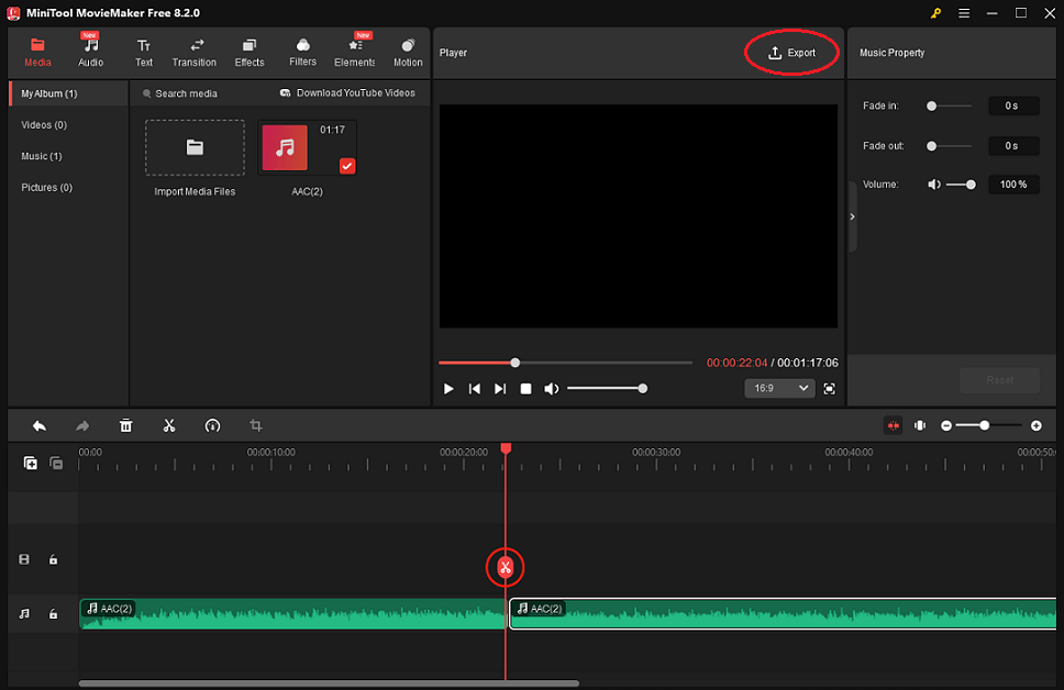 Drag and move the playhead to choose the split place, click the Scissors icon to split the audio, and click the Export icon at the top right of the Player window to open the Export window in MiniTool MovieMaker
