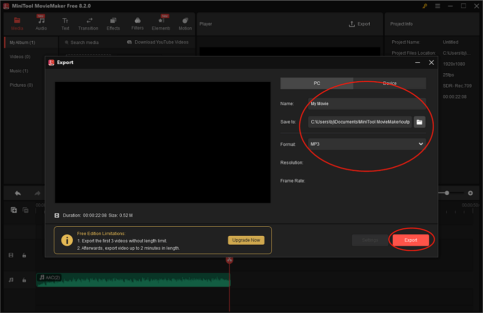 Set output settings for the split audio in MiniTool MovieMaker
