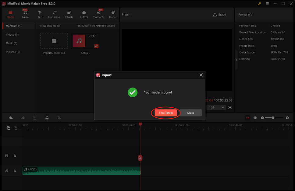 Click Find Target in MiniTool MovieMaker to locate the audio in your local folder