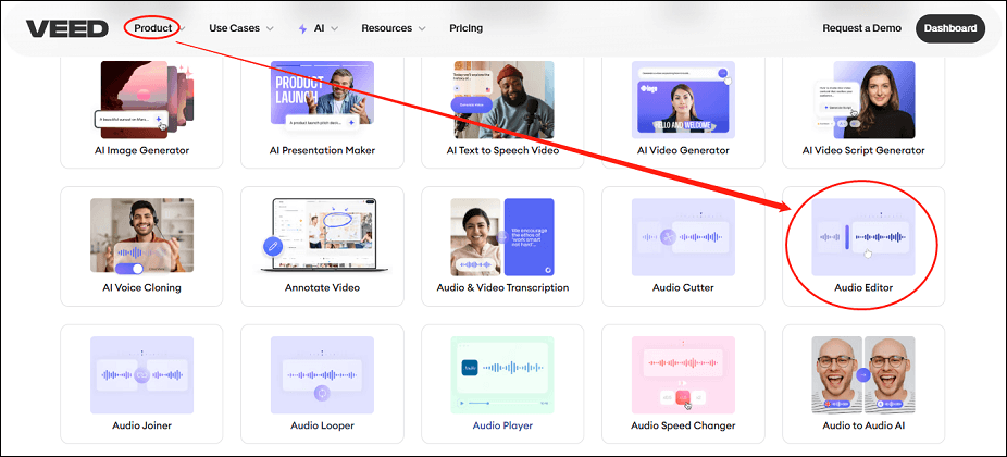 Click the Product option on the top menu, and click Audio Editor in VEED.IO
