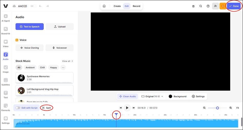Drag and move the blue playhead to choose where to split, click the Scissors icon to split the audio, and click Done to access the Export Video window in VEED.IO