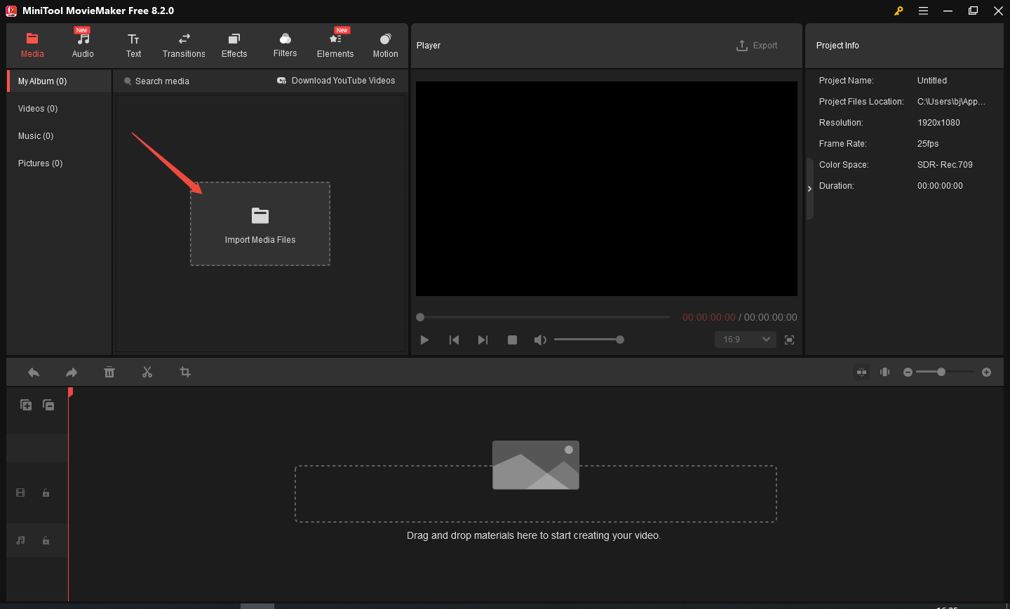 Click Import Media Files to upload audio files in MiniTool MovieMaker