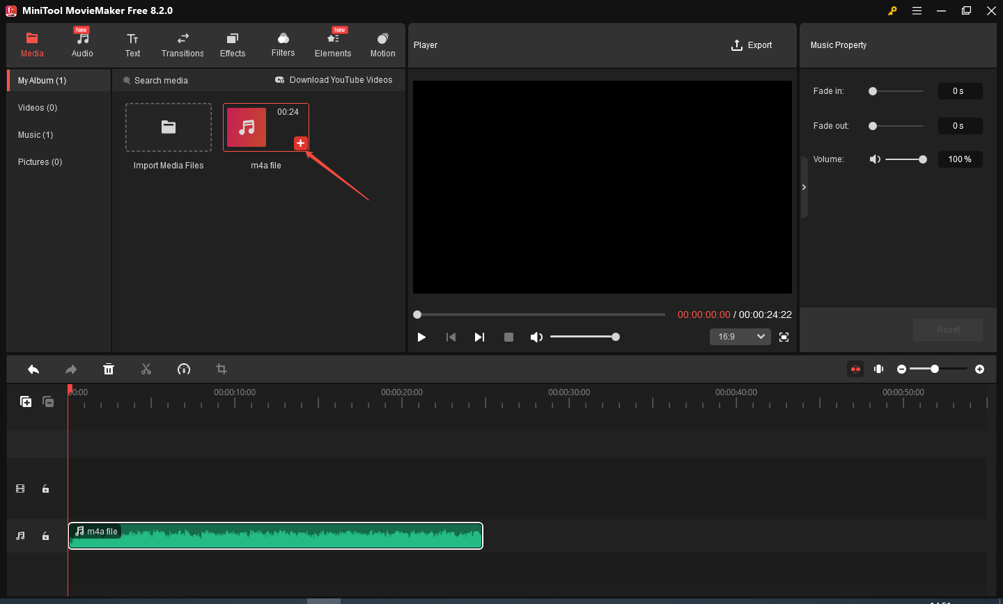 Click + icon to add the audio file to the timeline in MiniTool MovieMaker