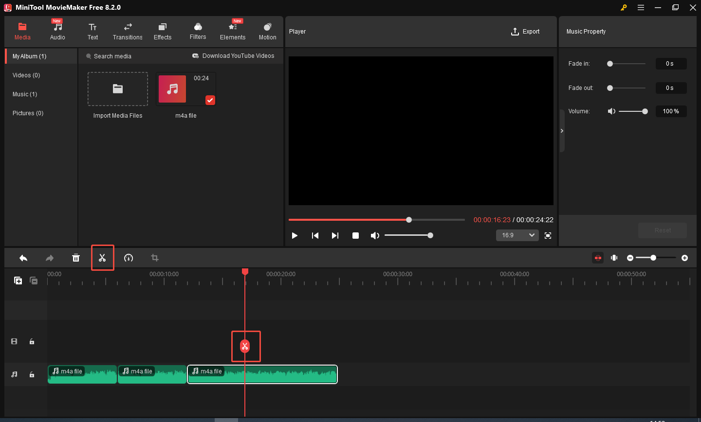 Click the Split icon to split the audio file in MiniTool MovieMaker