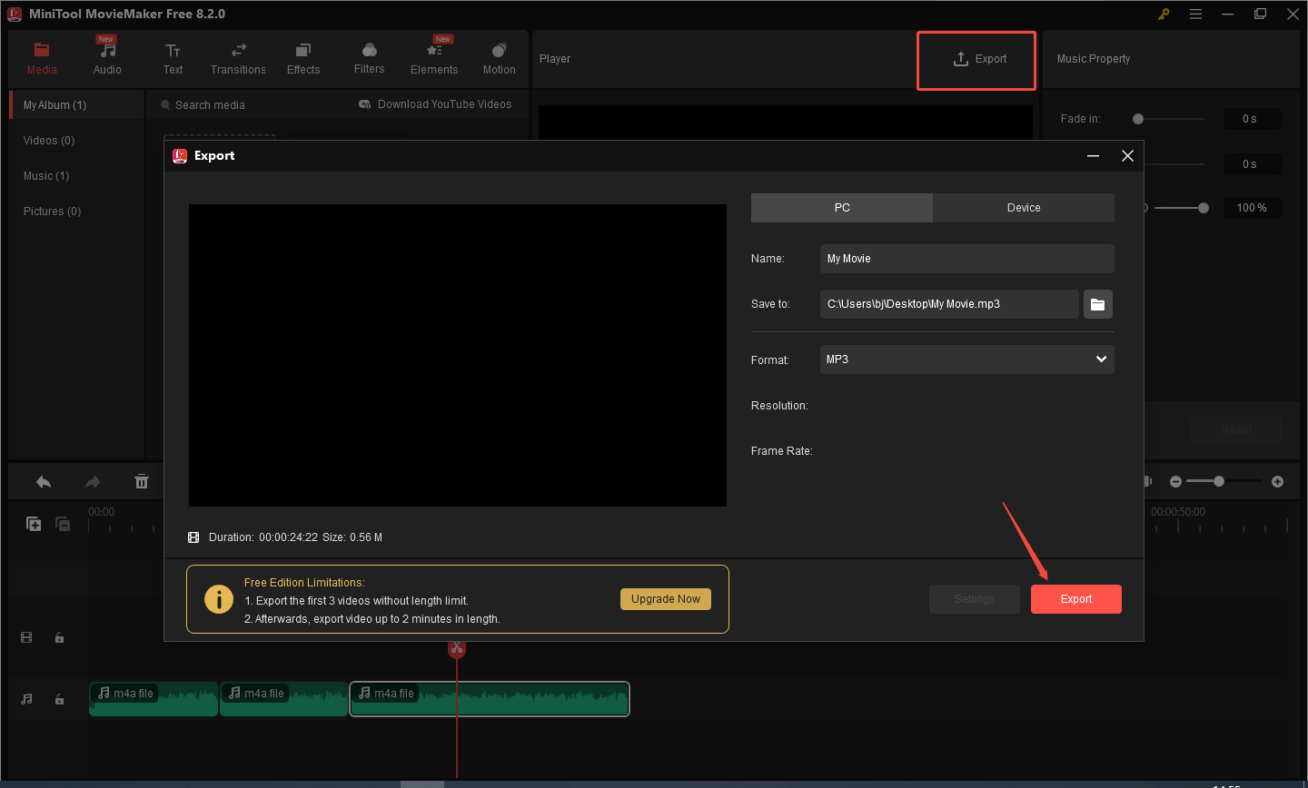 Click Export to export the edited audio file in MiniTool MovieMaker
