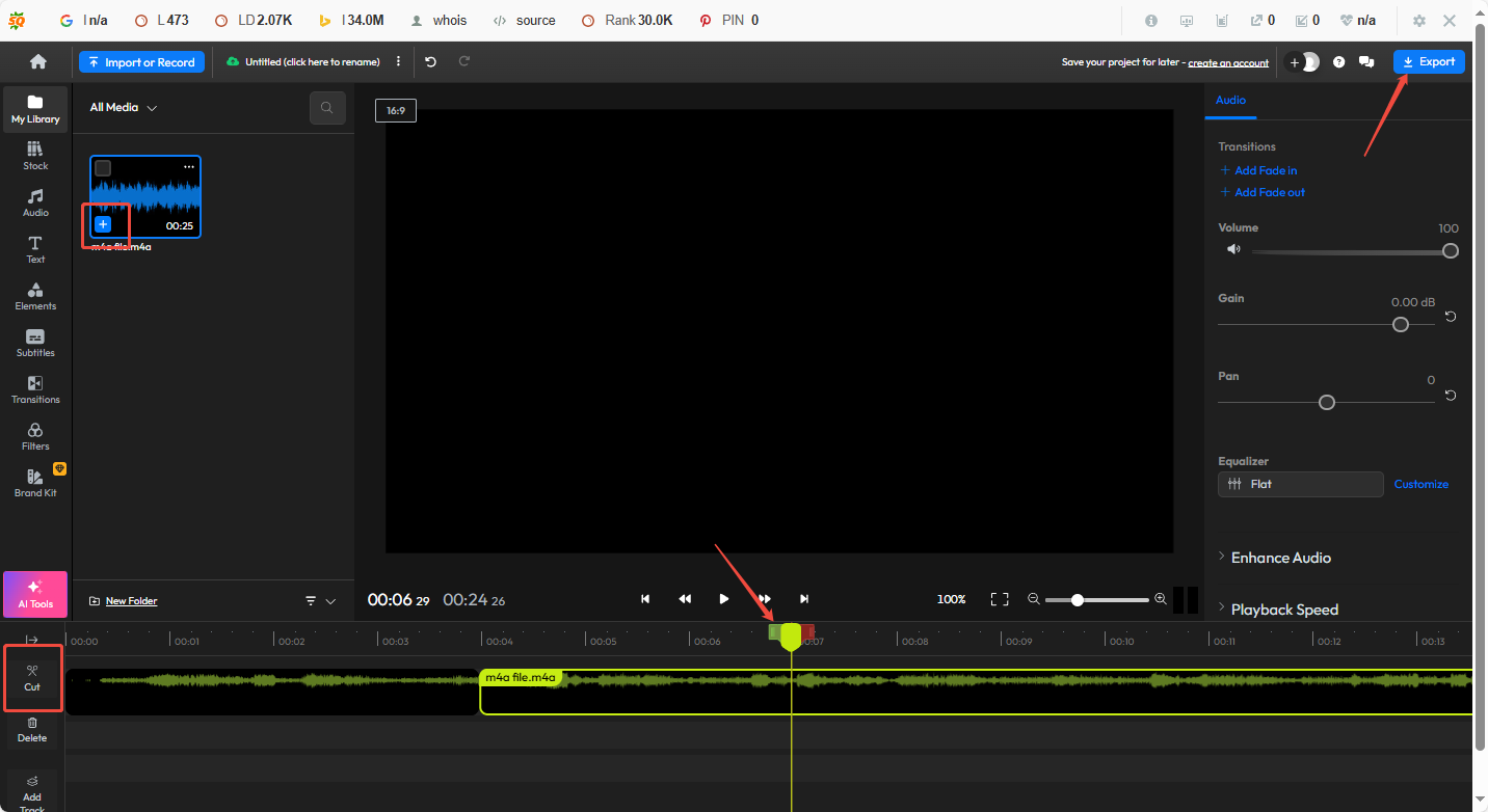 Click the Cut icon to split the audio files in Flixier