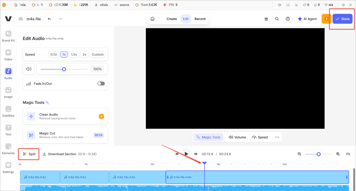 Click the Split icon to split the audio files in VEED.IO