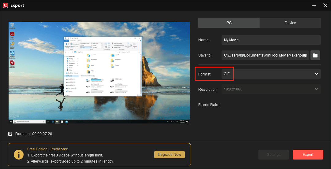 Set GIF as the output format in MiniTool MovieMaker