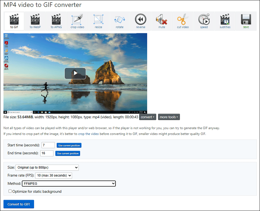 Adjust settings before converting the video to GIF with Ezgif