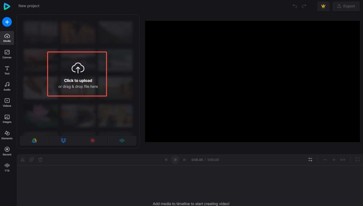 Click the Click to upload button in Clideo to load your target video