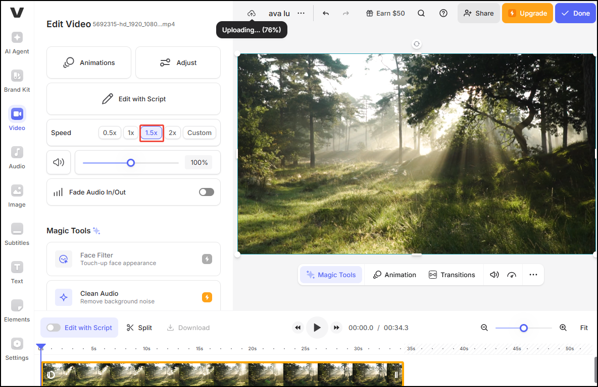 Go to the Speed section and choose the 1.5x in VEED.IO option to make video 1.5 speed