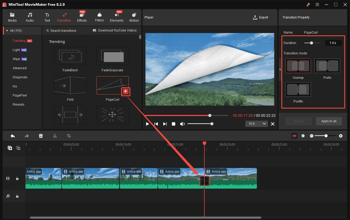 MiniTool MovieMakerで動画にトランジションを追加する