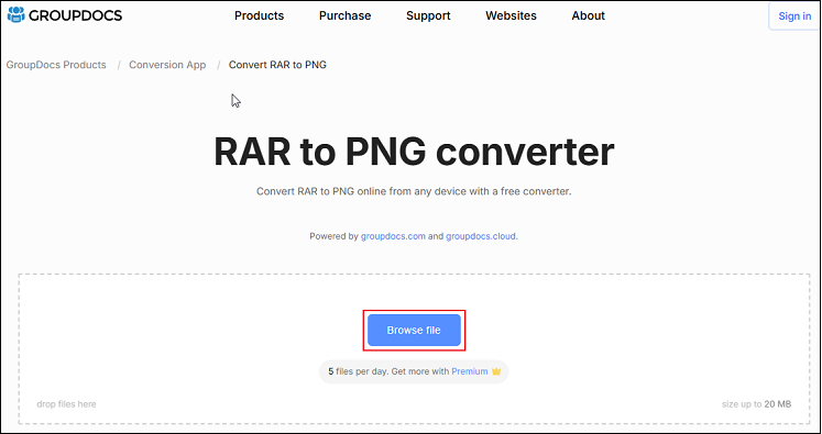 Click on the Browse file option to import the target RAR file in GroupDocs