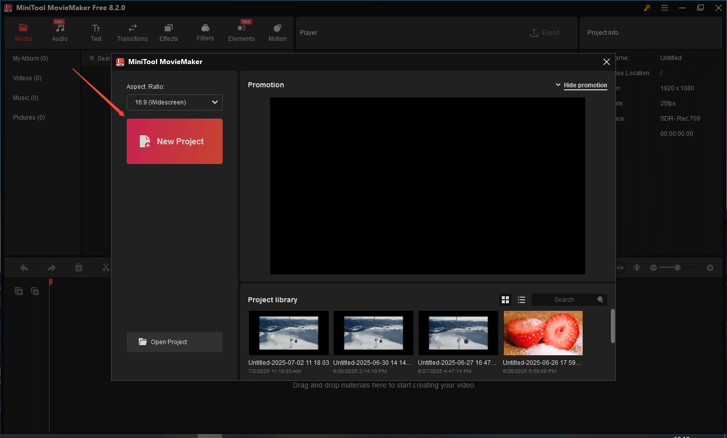Click + New Project to start creation in the MiniTool MovieMaker