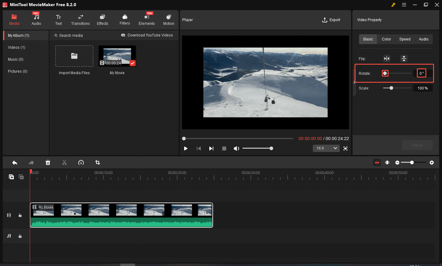 Drag the white dot or change the number to rotate the video in the MiniTool MovieMaker