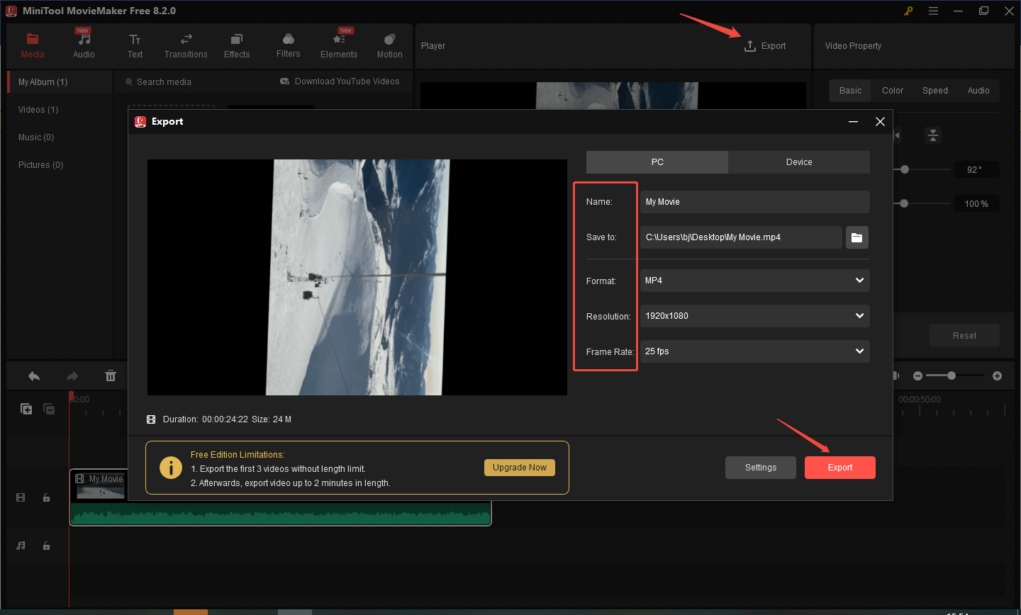 Open the video parameter setting and export the edited video from MiniTool MovieMaker