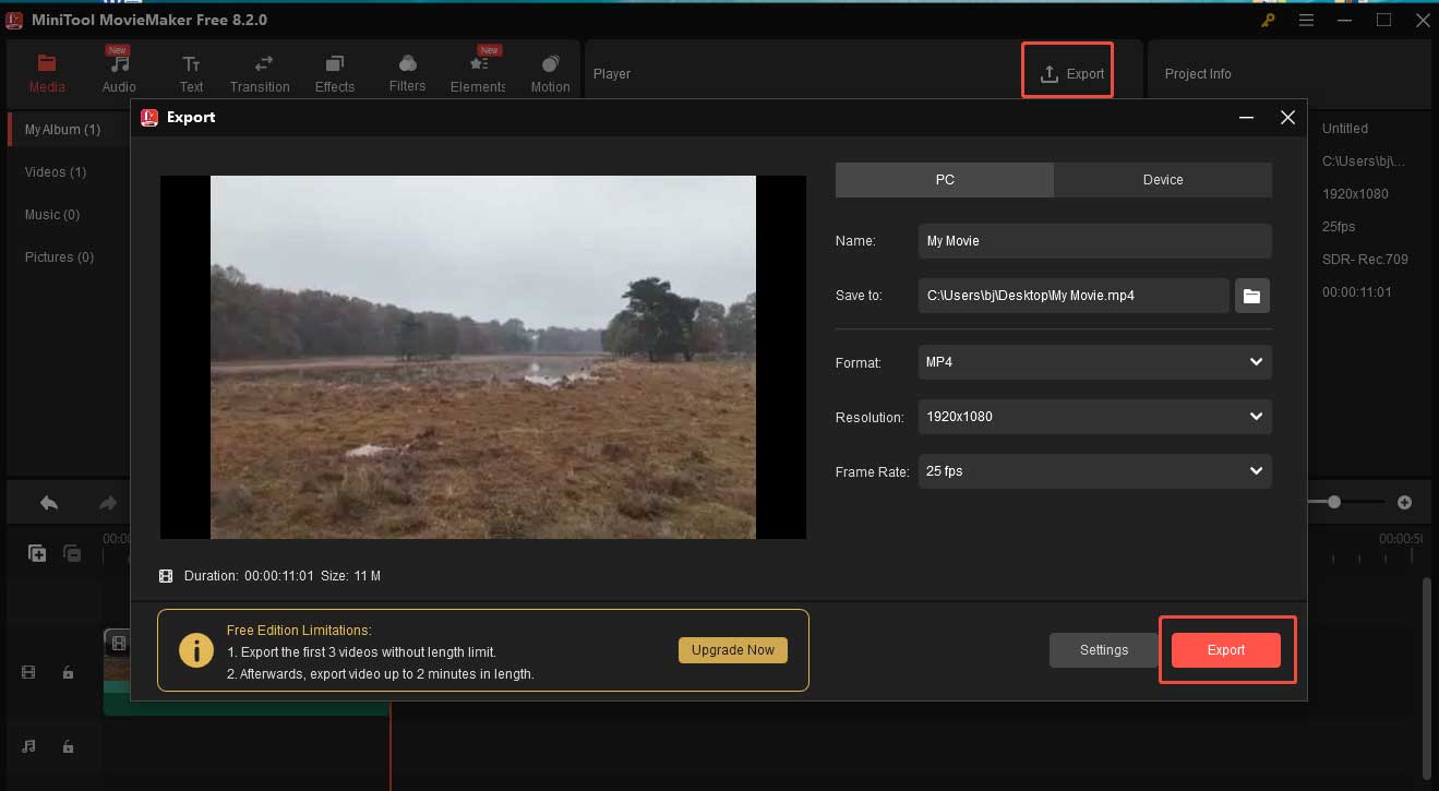 Click Export in MiniTool MovieMaker to export your video