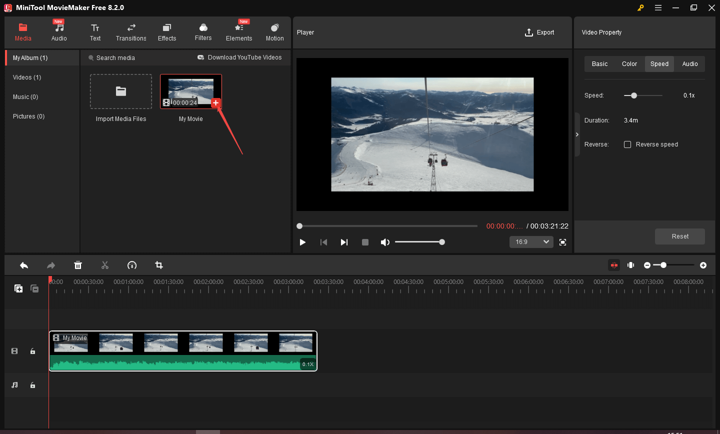 Click the + icon to add the video clip to the timeline in MiniTool MovieMaker