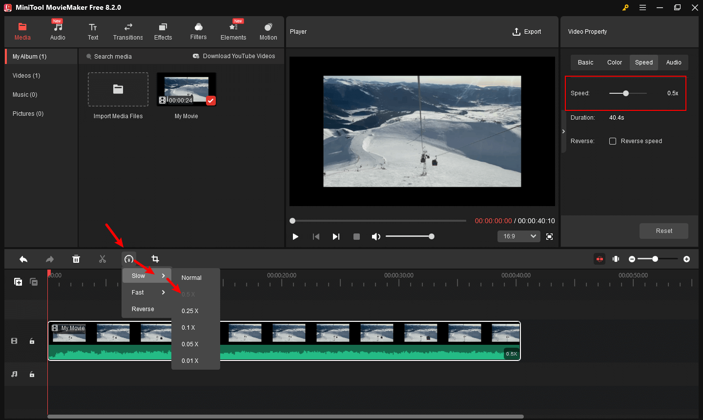 Press 0.5X to slow down the video in MiniTool MovieMaker