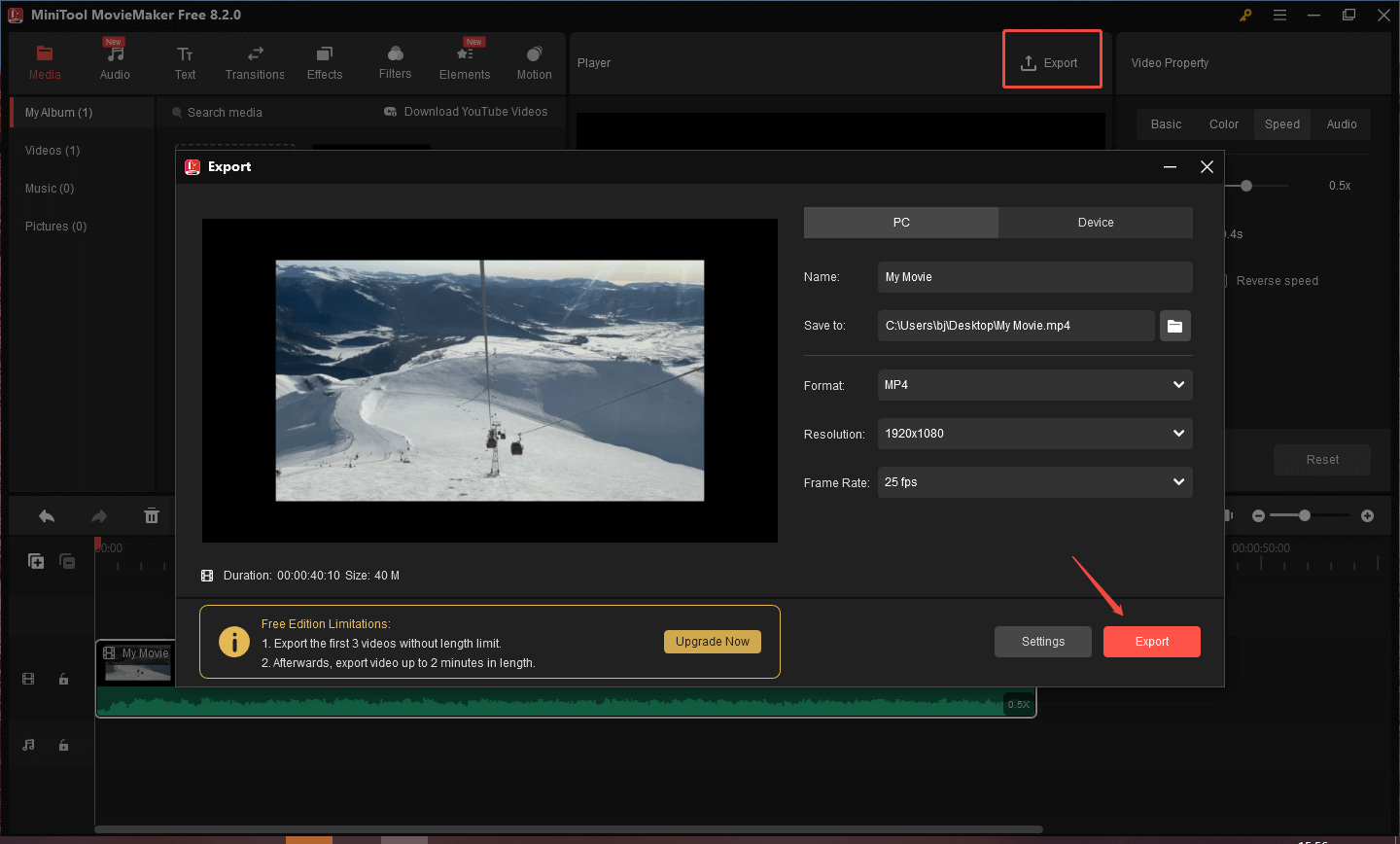 Click Export to export the edited video in MiniTool MovieMaker