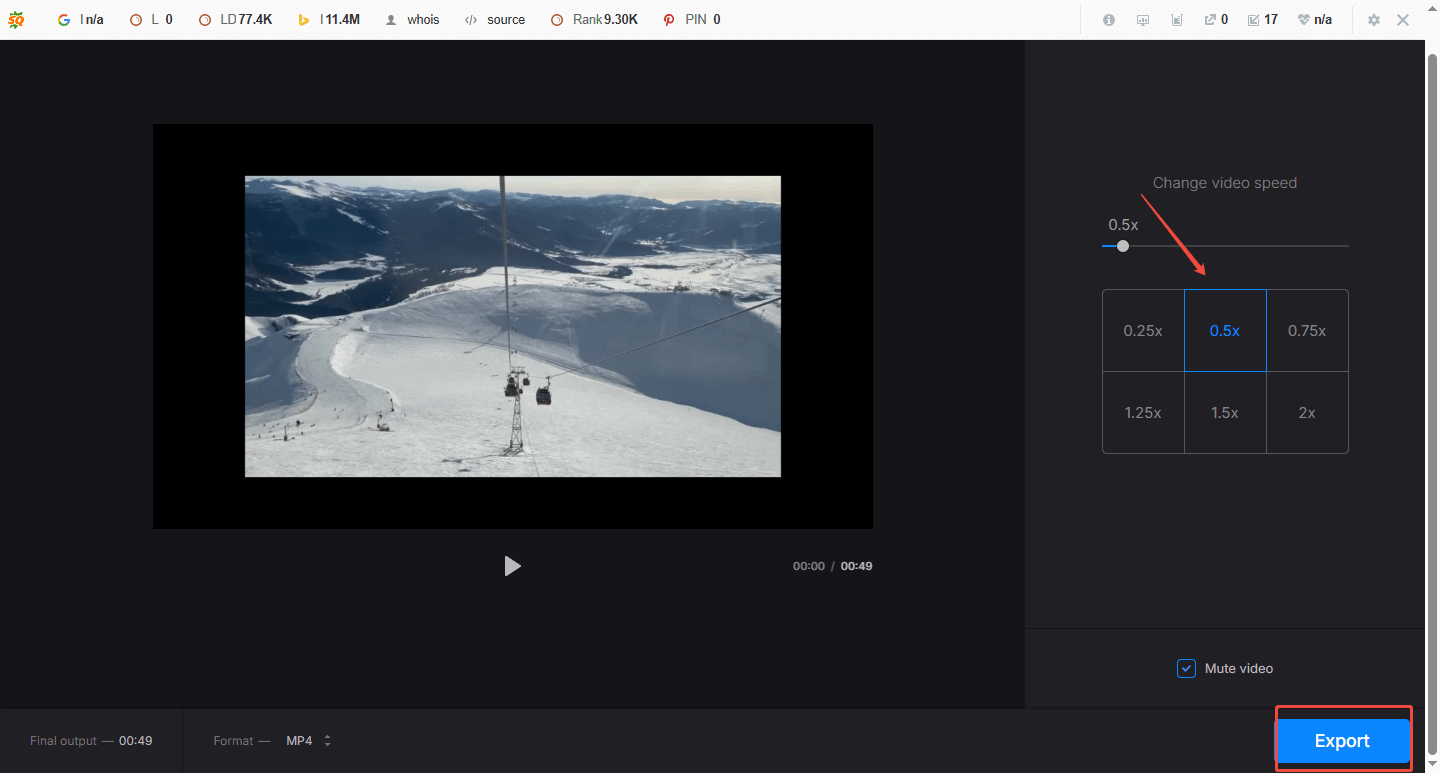 Click 0.5 to change video speed in Clideo