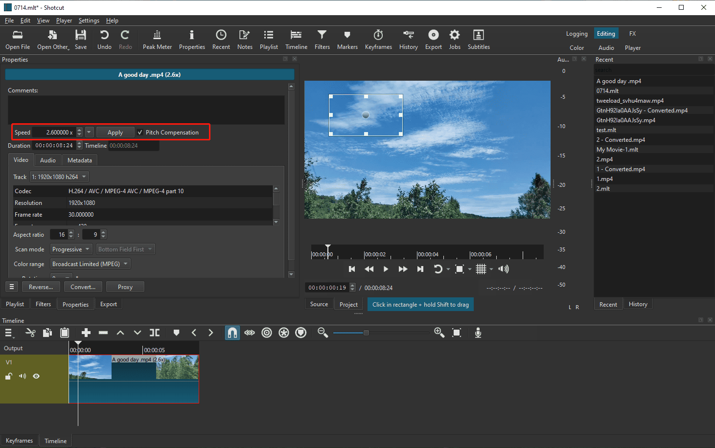 Manually speed an AVI video using Shotcut
