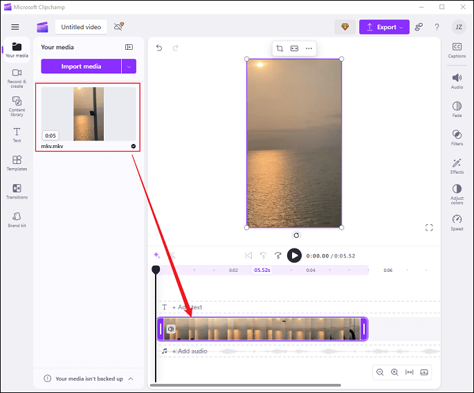 Drag and drop the MKV video to the timeline in Clipchamp