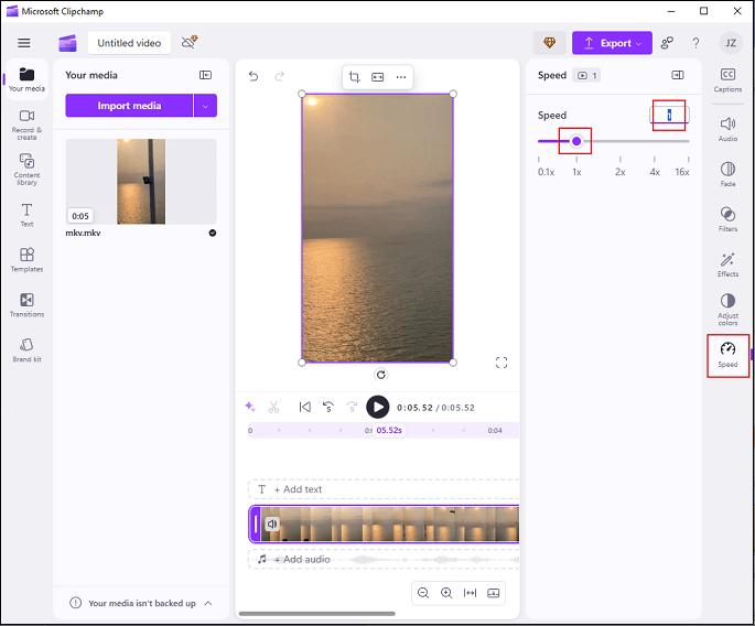 Select the Speed option from the right menu and drag and move the purple dot icon to select the desired speed in Clipchamp