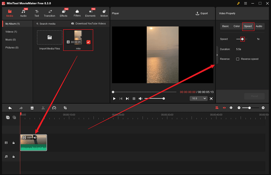 Drag and drop the imported video to the timeline, click on the Speed tab in the upper-right section, and drag and move the white dot icon to speed up the MKV video in MiniTool MovieMaker
