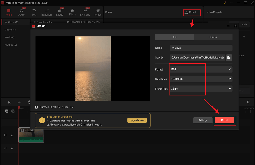 Choose the desired format, resolution, and frame rate, and click on the Export button in MiniTool MovieMaker to save the video
