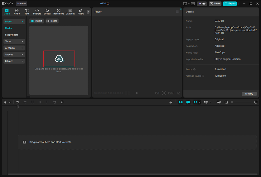Click the Drag and drop videos, photos, and audio files here area to import the target MKV to CapCut