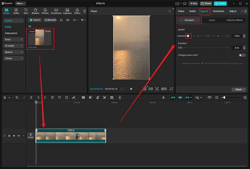 Drag and drop the added video to the timeline, click the Speed option in the upper-right section, and drag and move the white square icon to speed up the MKV video in CapCut