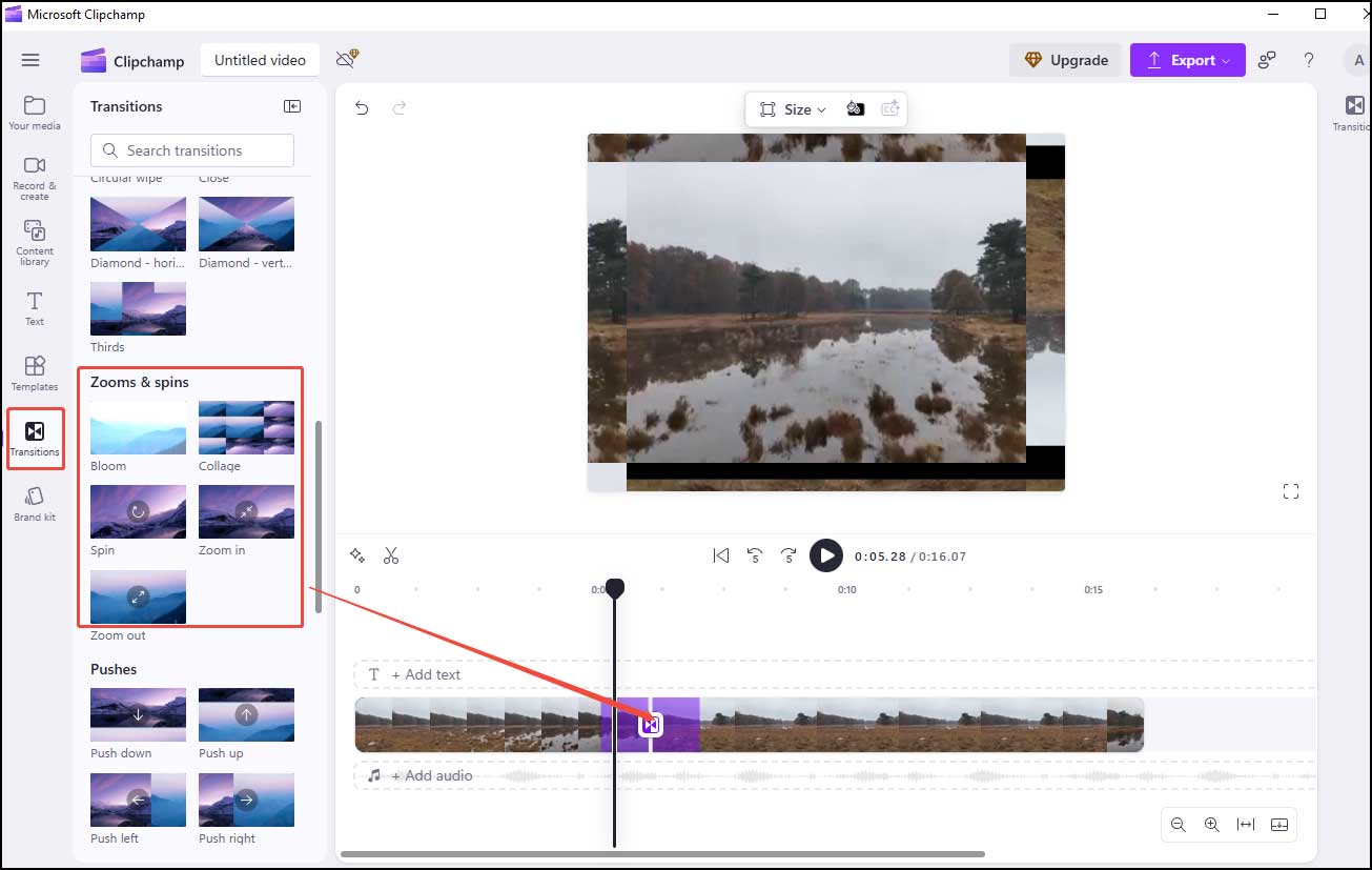 Add a spin transition to your video clips in Clipchamp