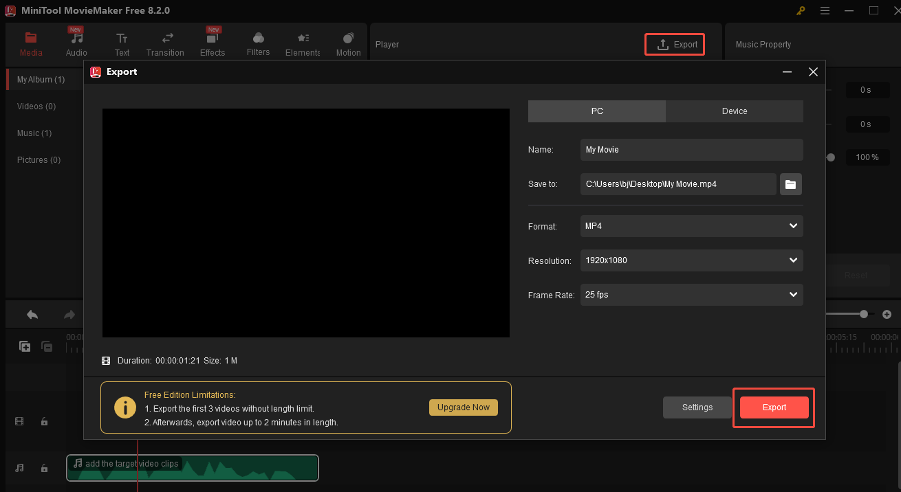 Click the Export icon in MiniTool MovieMaker to export your video