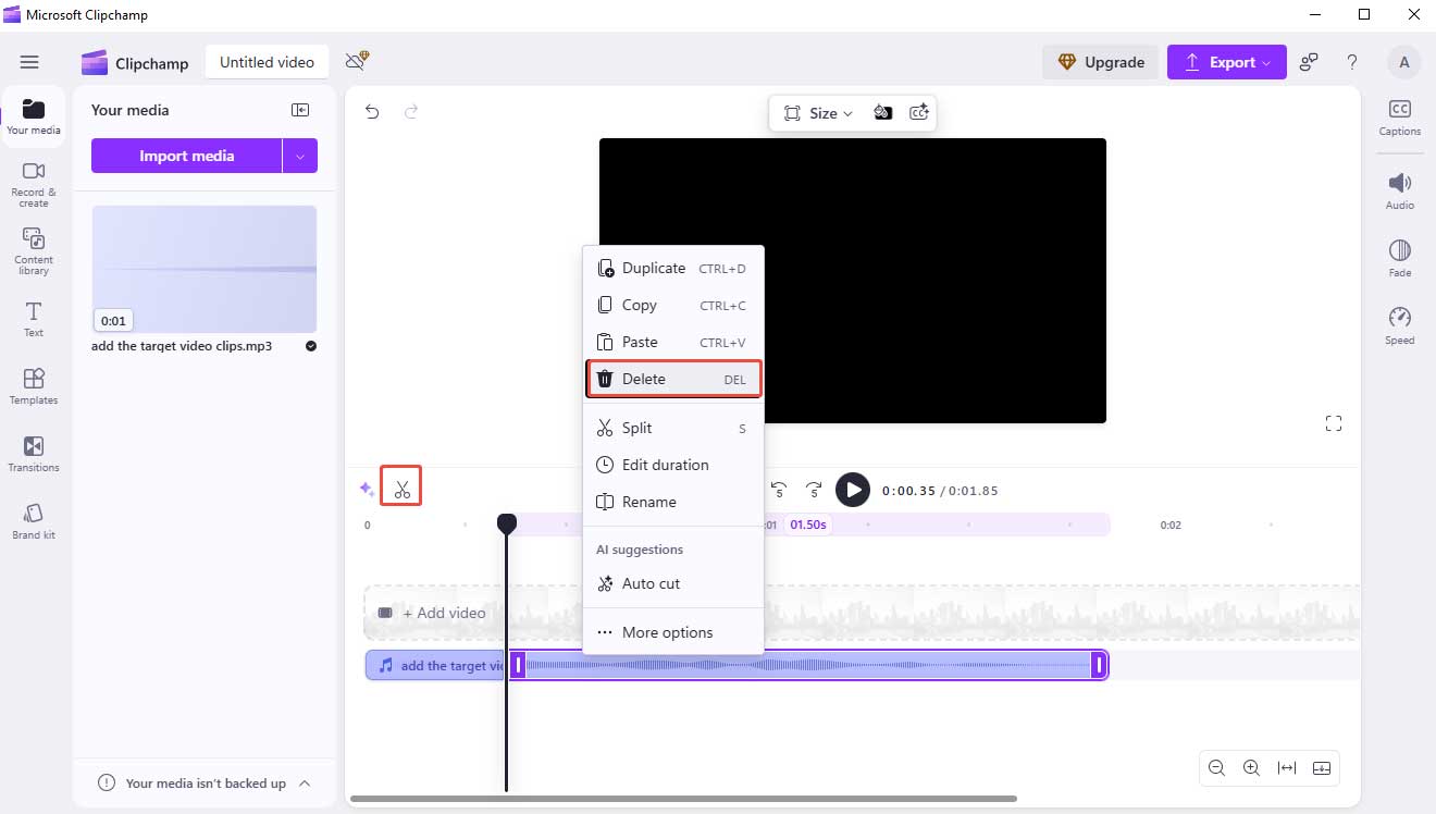 Click the scissors icon to split the video and right-click the part you don’t want to remove it