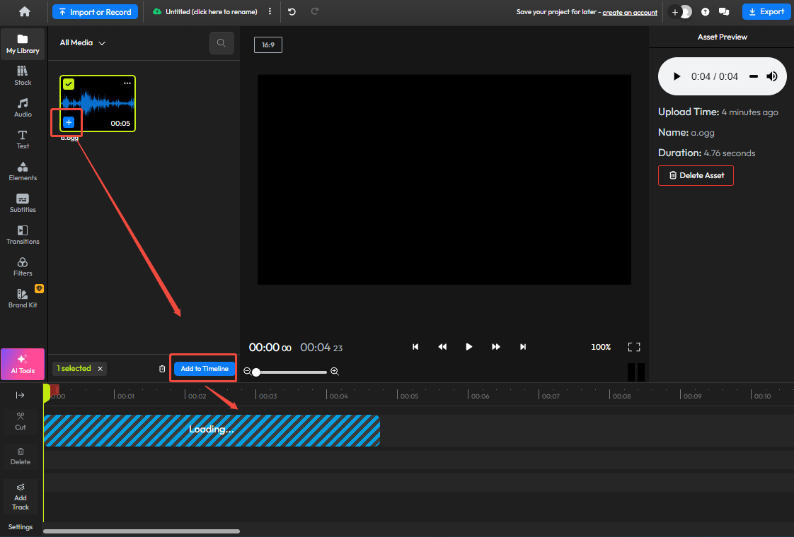 Click the + icon and hit the Add to Timeline button to add the file to the timeline