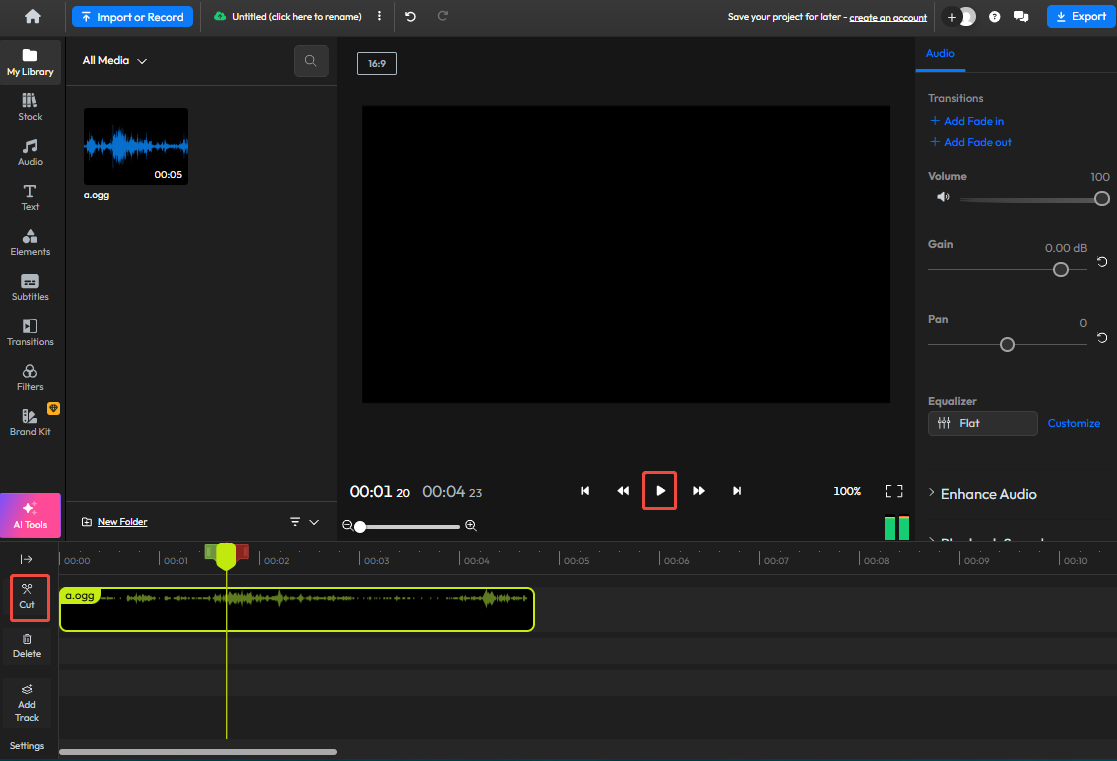 Click the Play button to play the audio and then click the Cur icon to split it
