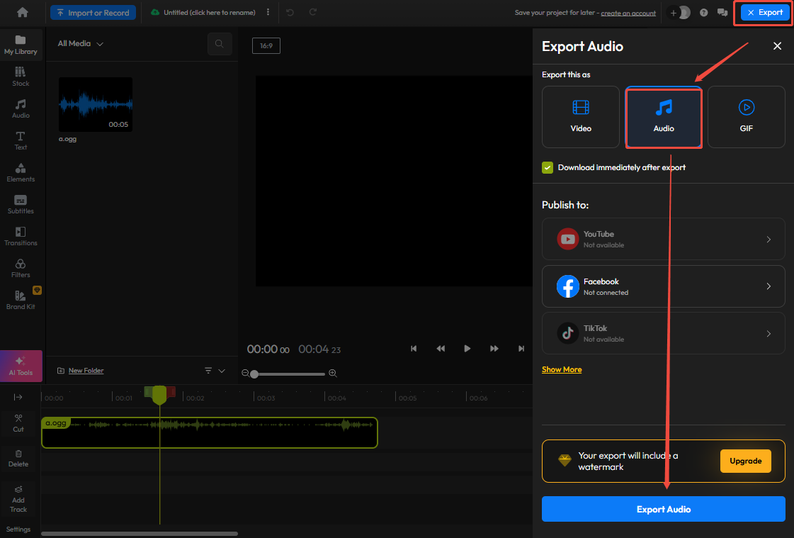 Click Export, select Audio, and click Export Audio