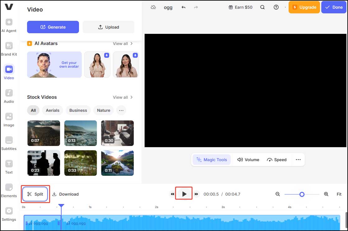 Click the Split button to split OGG file using VEED.IO