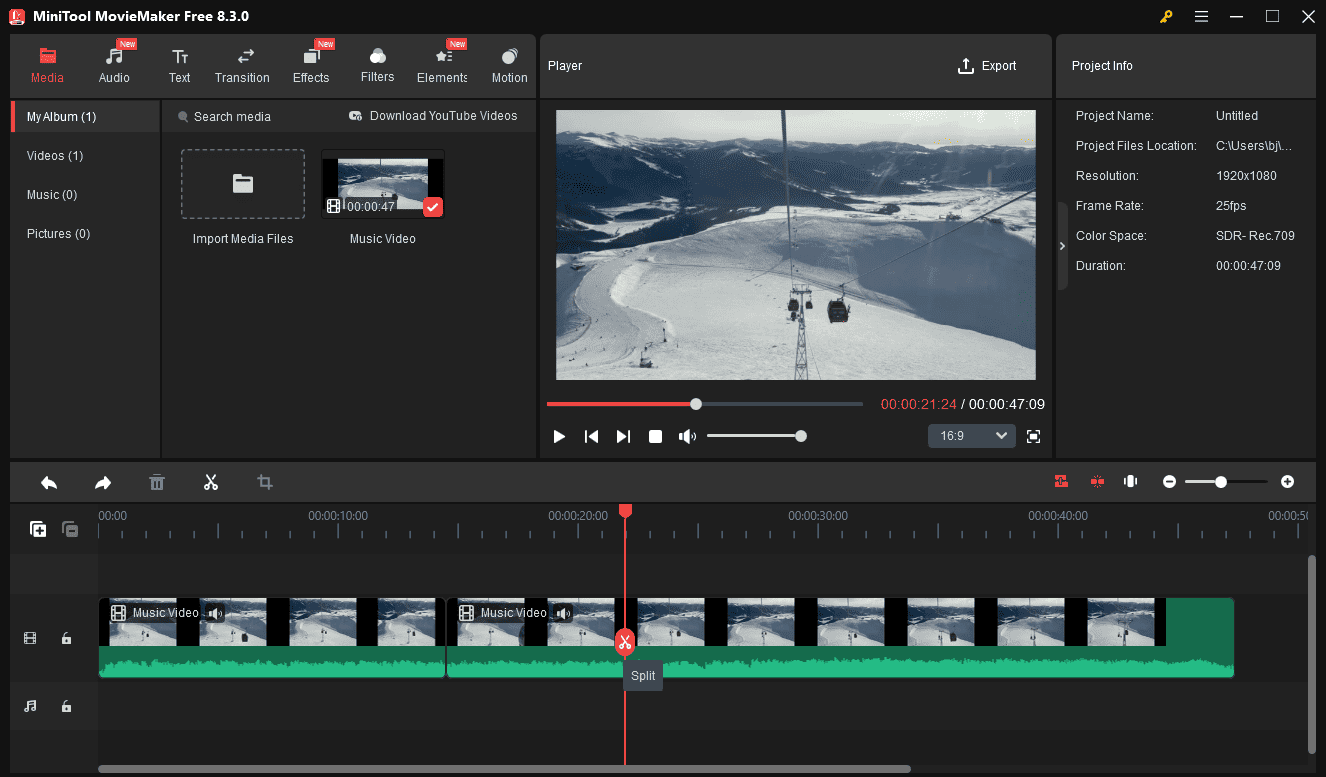 Click the scissors to split the video in MiniTool MovieMaker