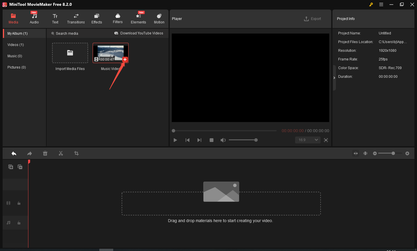 Click the + icon to add the video to the timeline in MiniTool MovieMaker