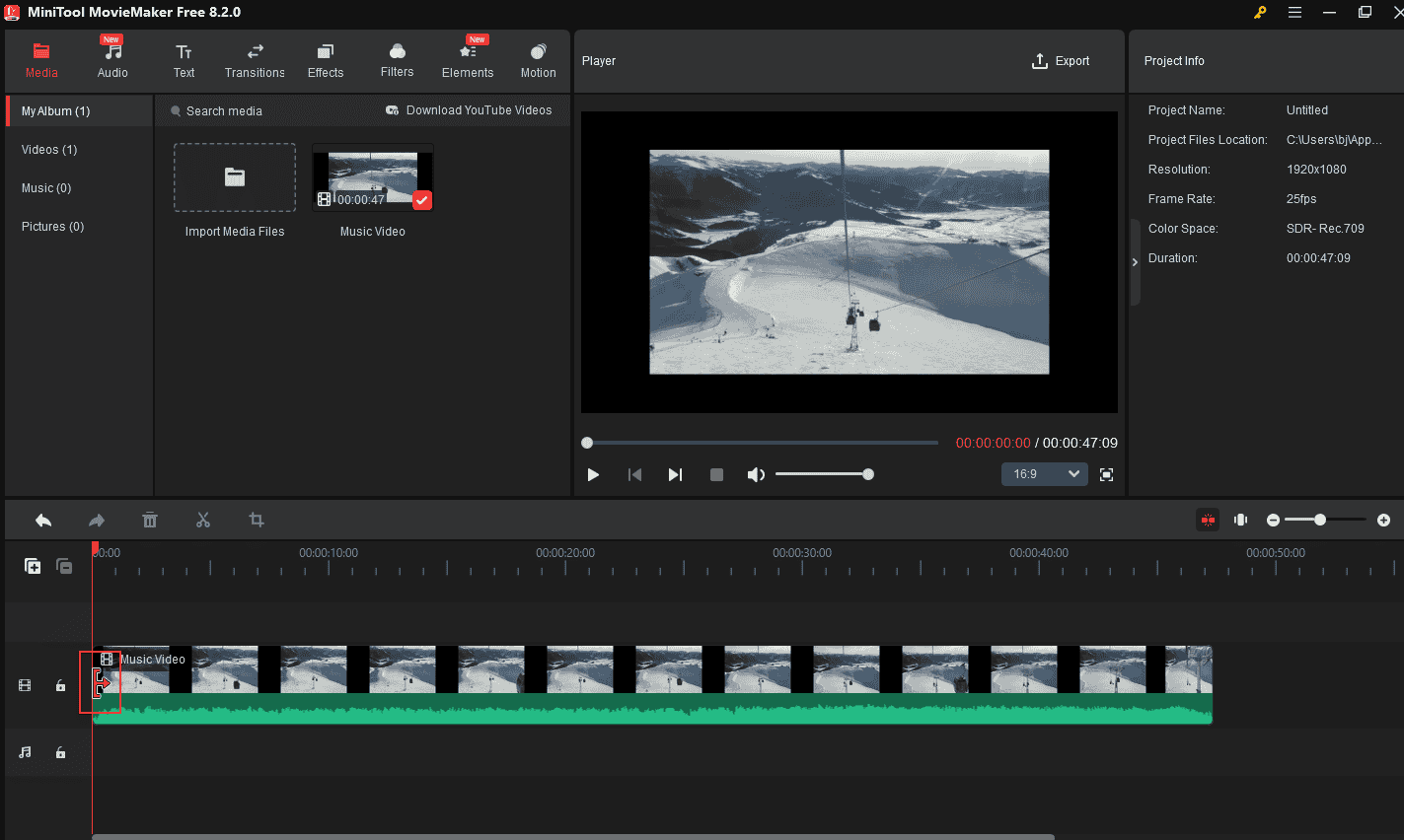 Drag the trimming icon to trim the video clip in the MiniTool MovieMaker