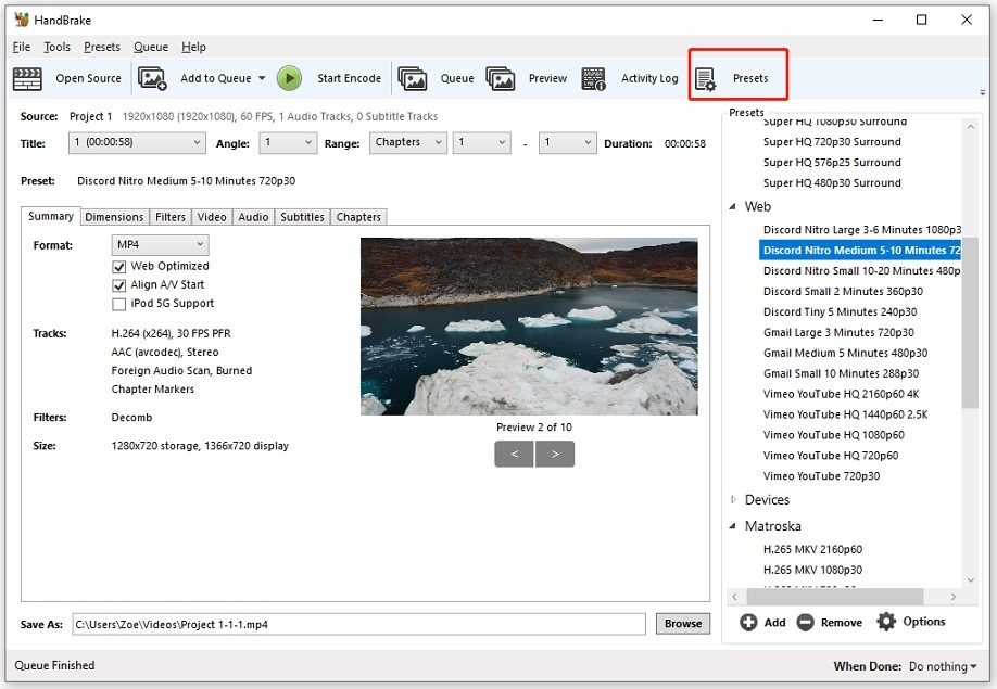 Select a preset for Discord video