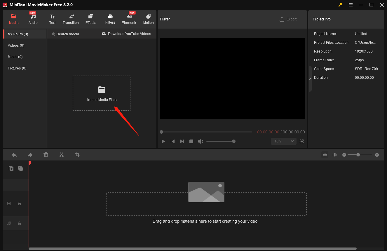 「Import Media Files」の点線ボックスをクリックし、素材をMiniTool MovieMakerにアップロード