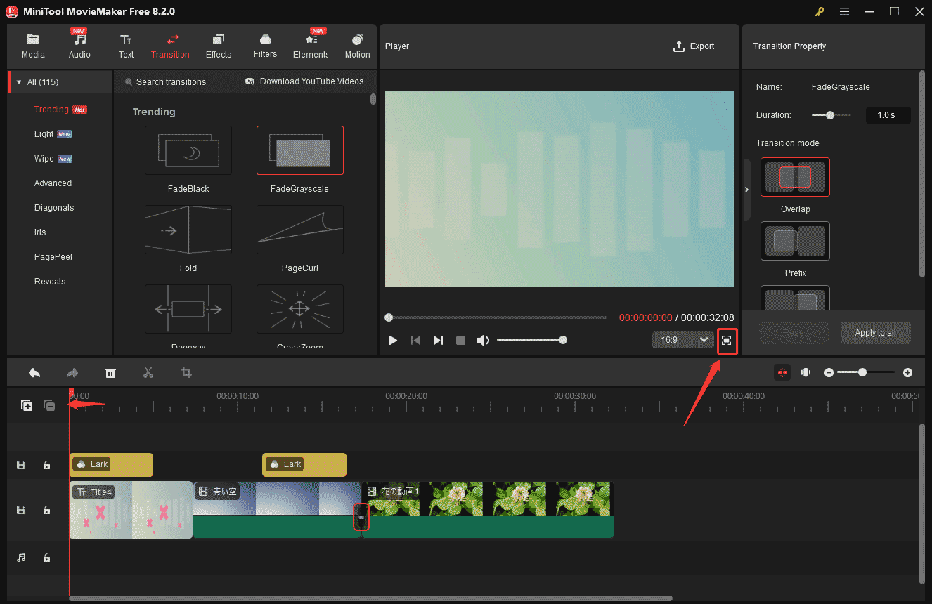再生ヘッドを動画の先頭にドラッグし、フルスクリーンアイコンをクリックして動画全体をブラウズ