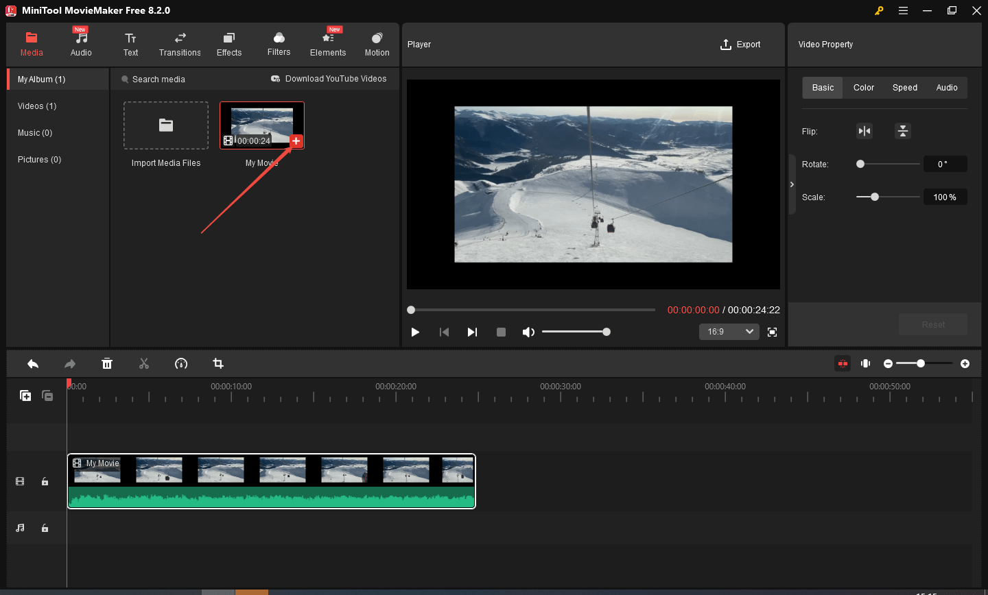 Click plus icon to add the video clip into the timeline in MiniTool MovieMaker