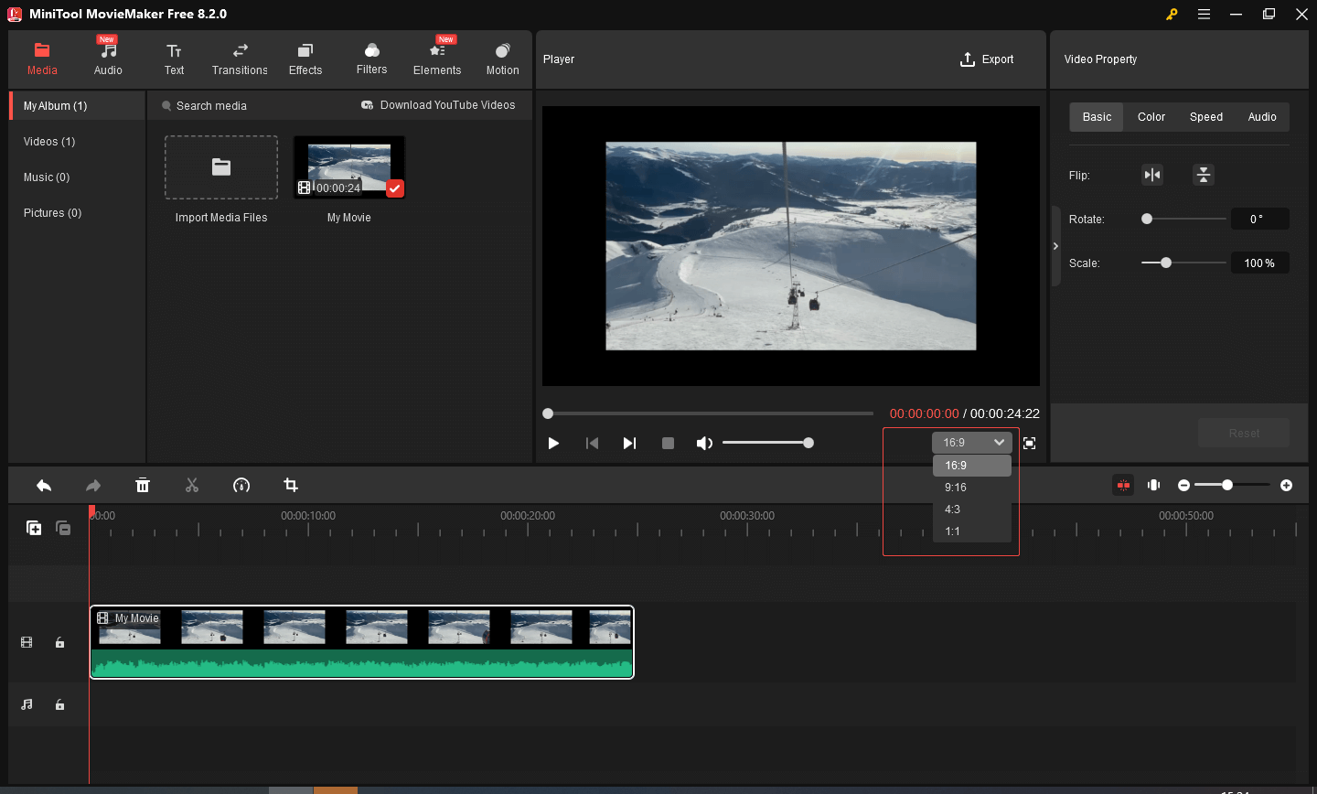 Open the Aspect Ratio option to choose an ideal aspect ratio in MiniTool MovieMaker